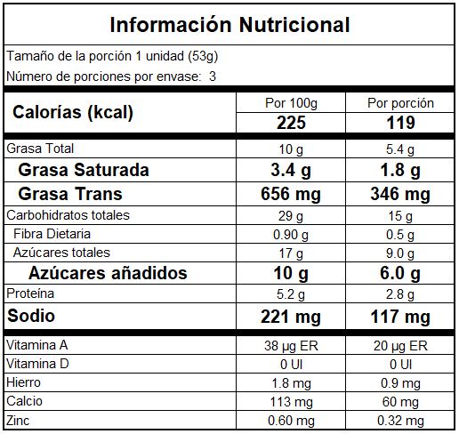 Información nutricional Tres Leches sabor Cookies and Cream